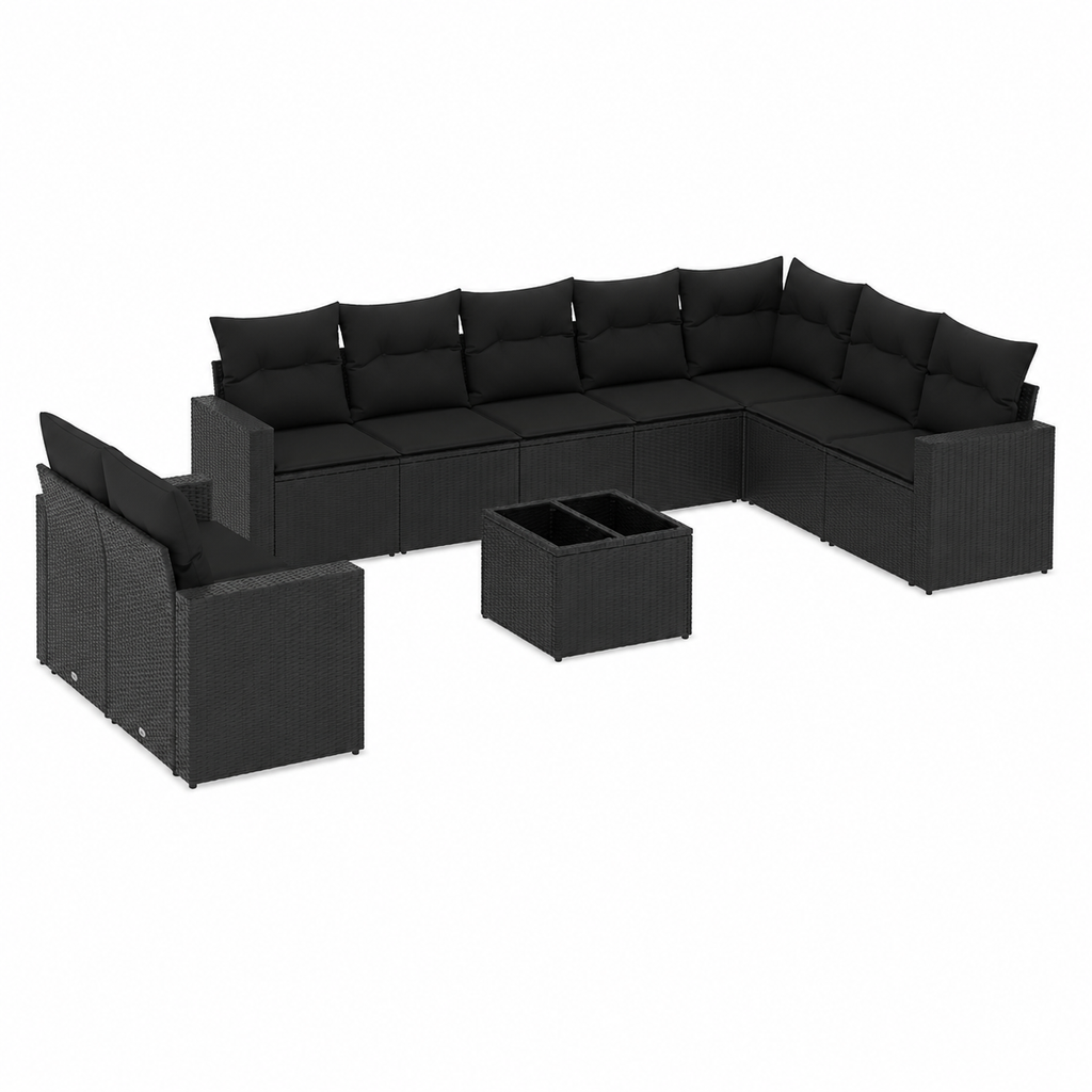 Ensemble de jardin 11 pièces avec coussins noirs en résine tressée