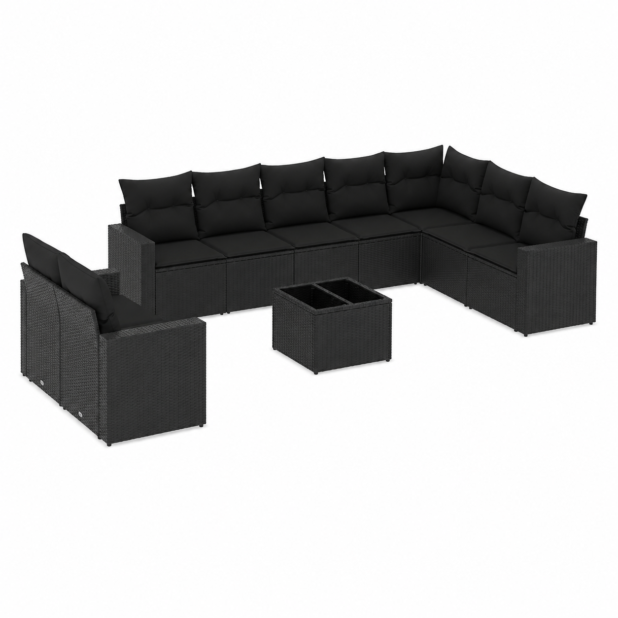 Ensemble de jardin 11 pièces avec coussins noirs en résine tressée
