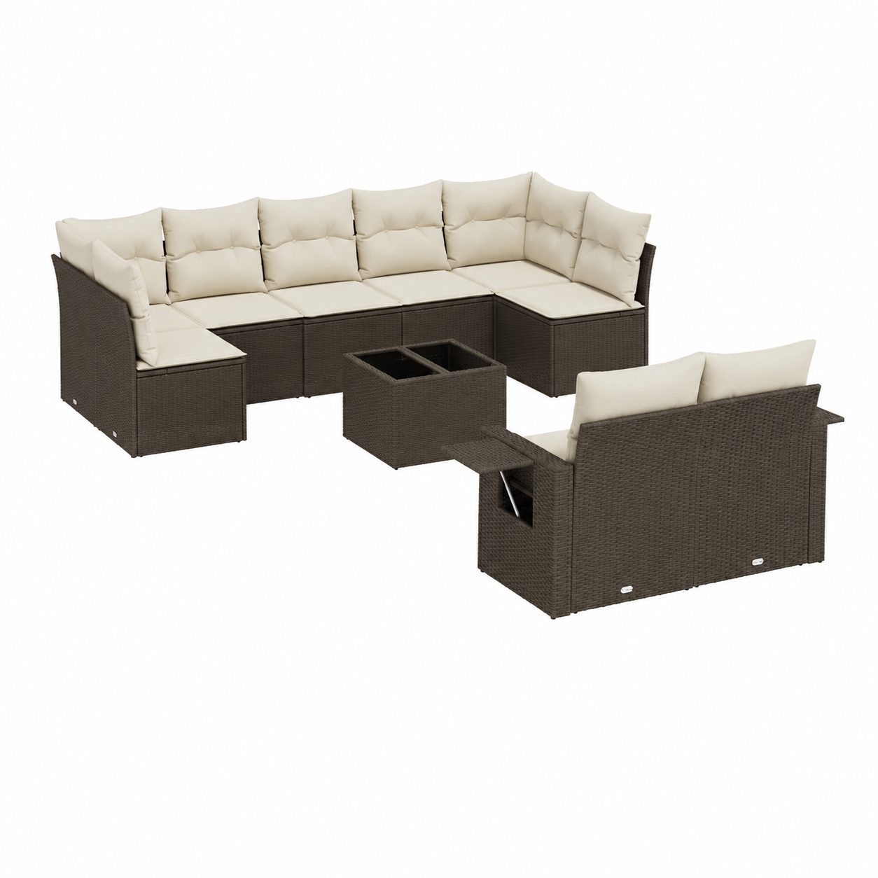 Ensemble de jardin en résine tressée avec coussins bruns, 10 pièces