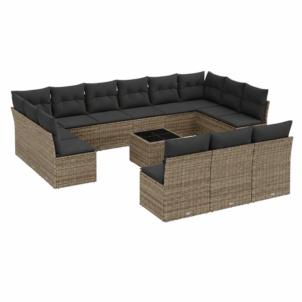 Ensemble de mobilier de jardin gris avec coussins 14 pièces en résine tressée