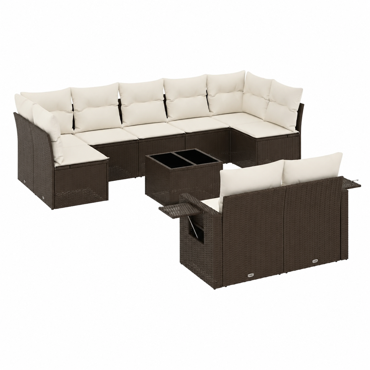 Ensemble de jardin en résine tressée avec coussins bruns, 10 pièces