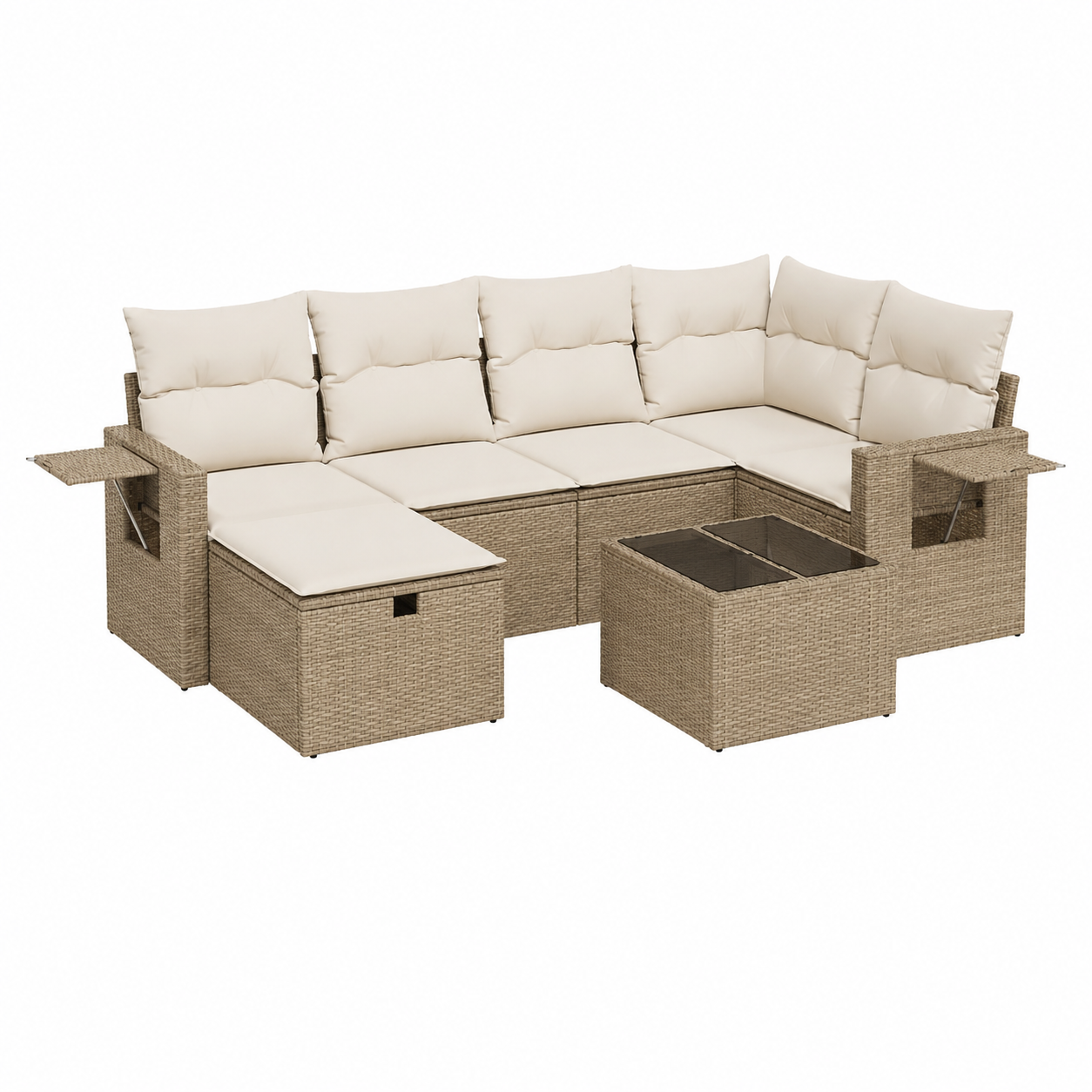Ensemble de mobilier d'extérieur 7 pièces en résine tressée beige avec coussins