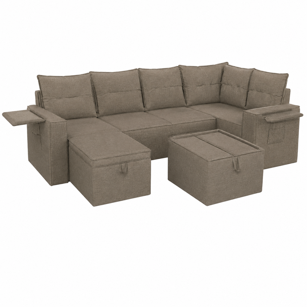 Ensemble de mobilier d'extérieur 7 pièces en résine tressée beige avec coussins