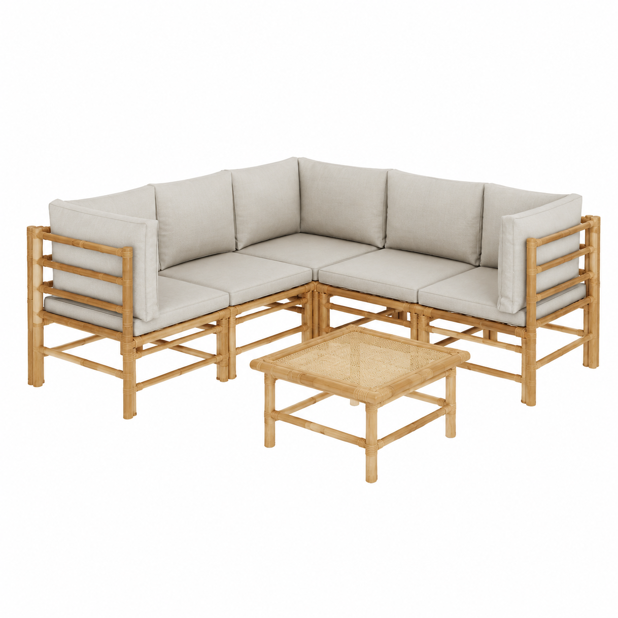 Ensemble de mobilier de jardin 6 pièces avec coussins coloris gris clair en bambou