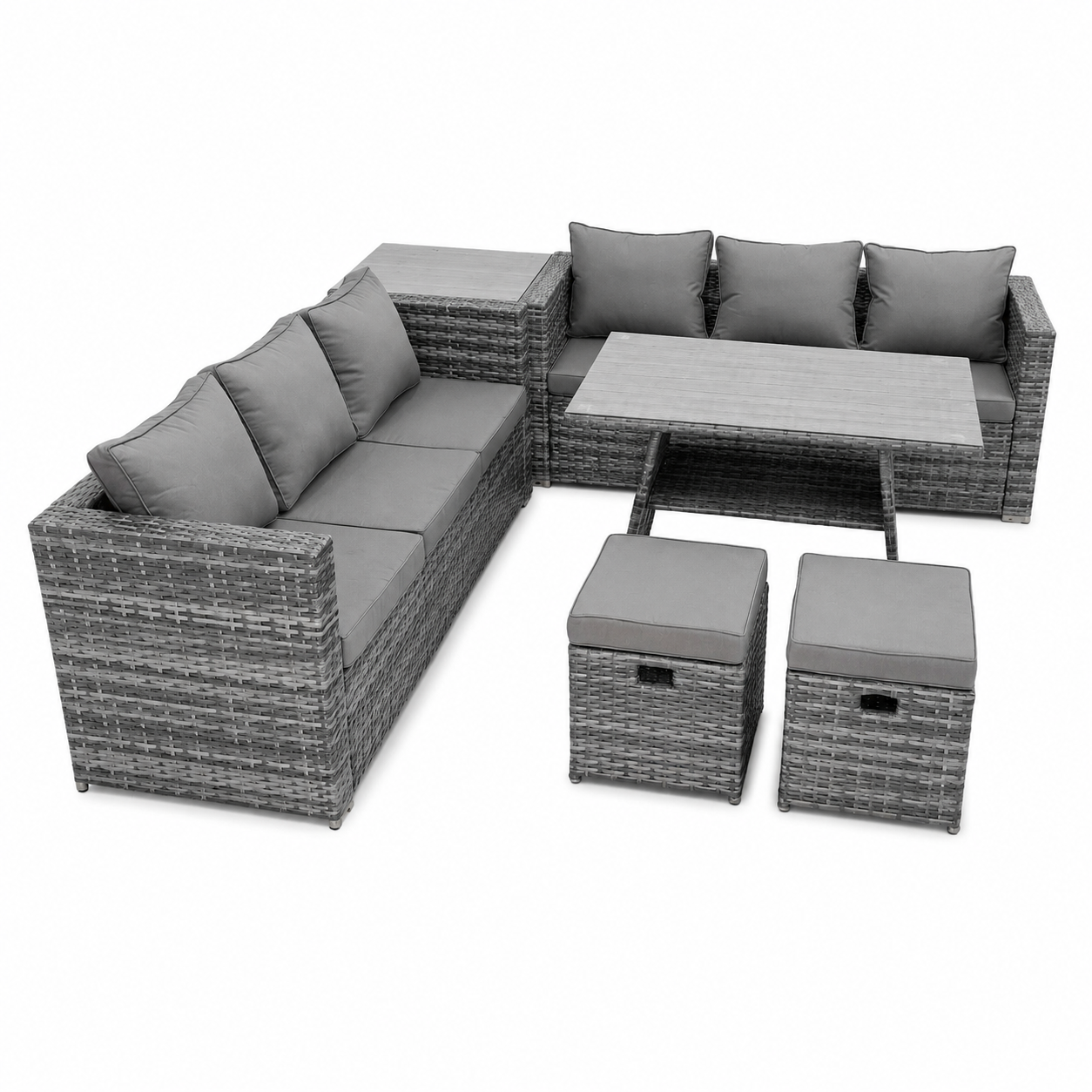 Ensemble de salon de jardin en rotin 8 pièces avec table et tabourets