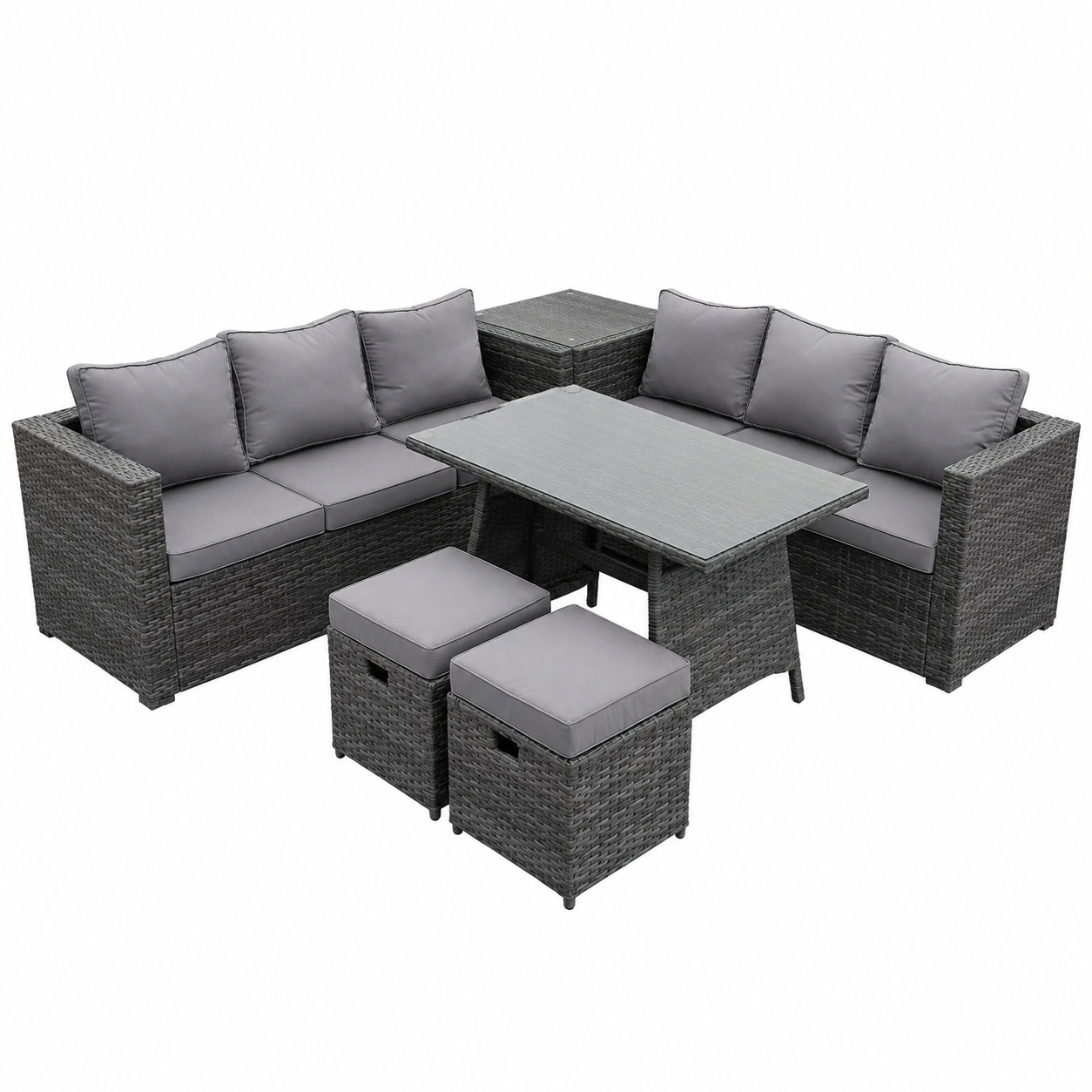 Ensemble de salon de jardin en rotin 8 pièces avec table et tabourets