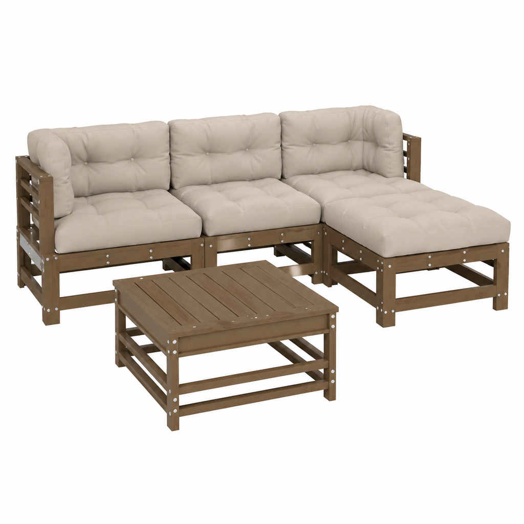 Ensemble de jardin en bois massif 5 pièces avec coussins marron miel