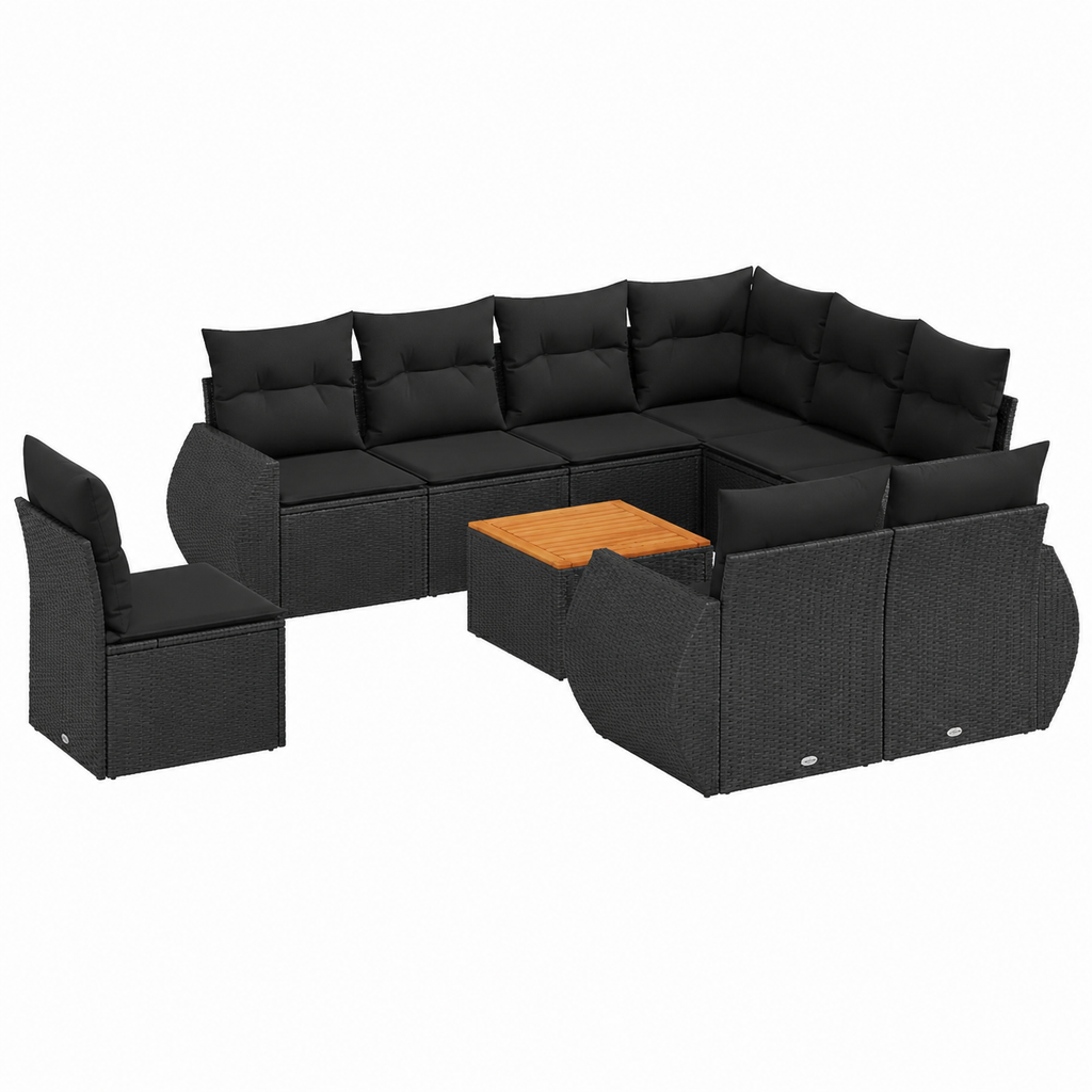 Ensemble de jardin 9 pièces avec coussins noirs en résine