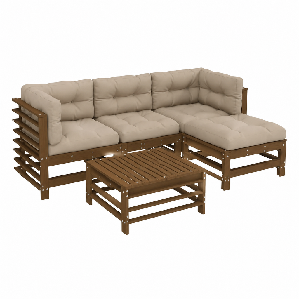 Ensemble de jardin en bois massif 5 pièces avec coussins marron miel