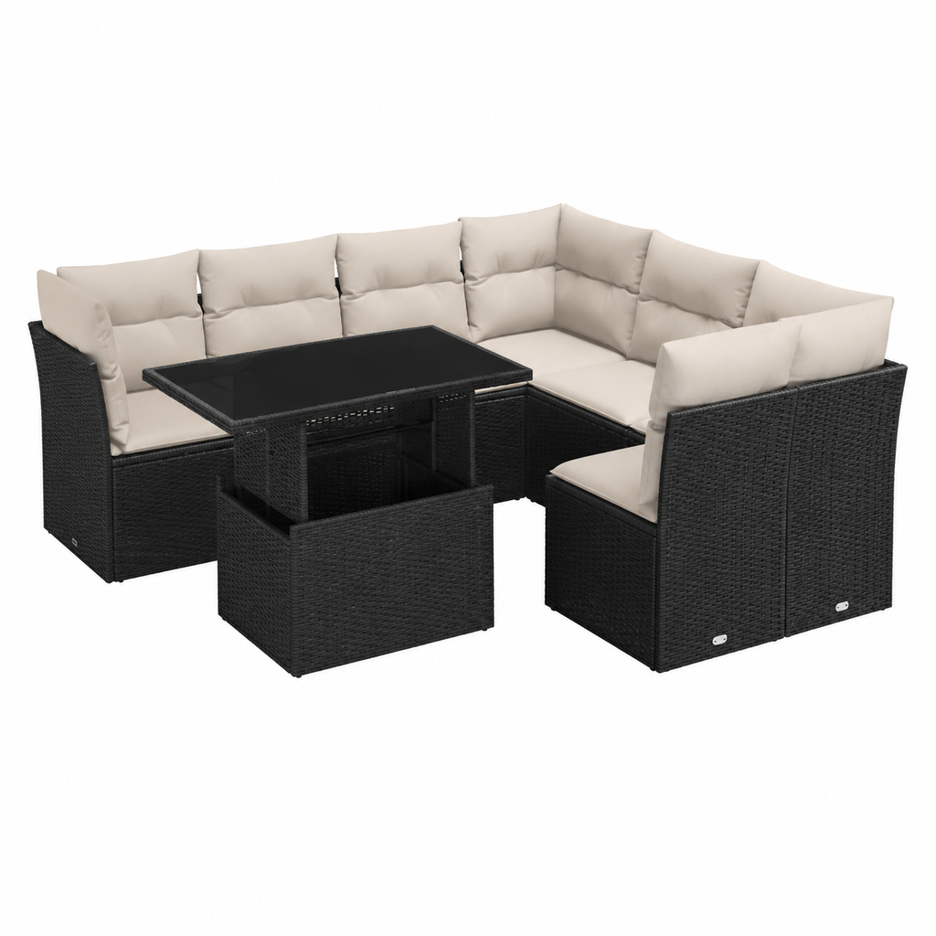 Ensemble de mobilier extérieur 9 pièces avec coussins, résine tressée noire