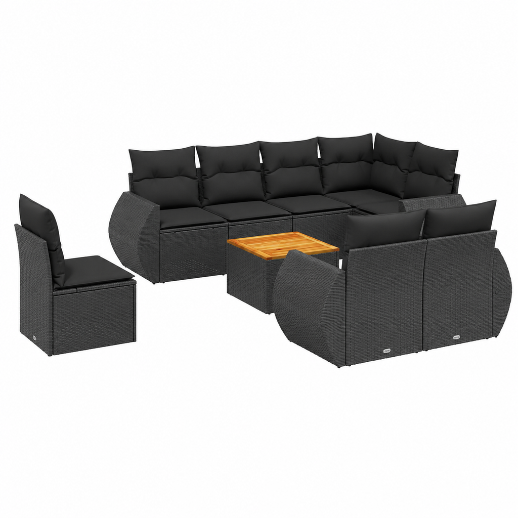 Ensemble de jardin 9 pièces avec coussins noirs en résine