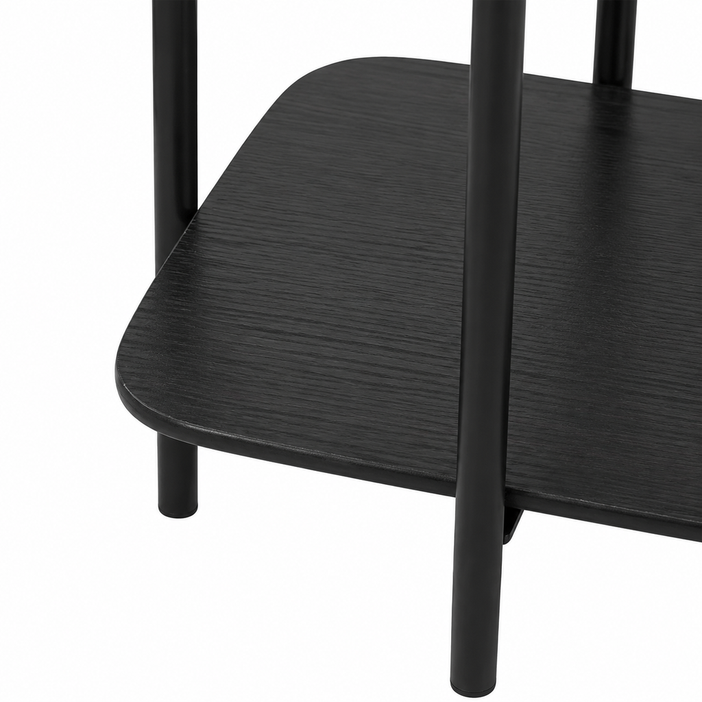 Table basse moderne avec étagère, bois et noir, hauteur 60 cm