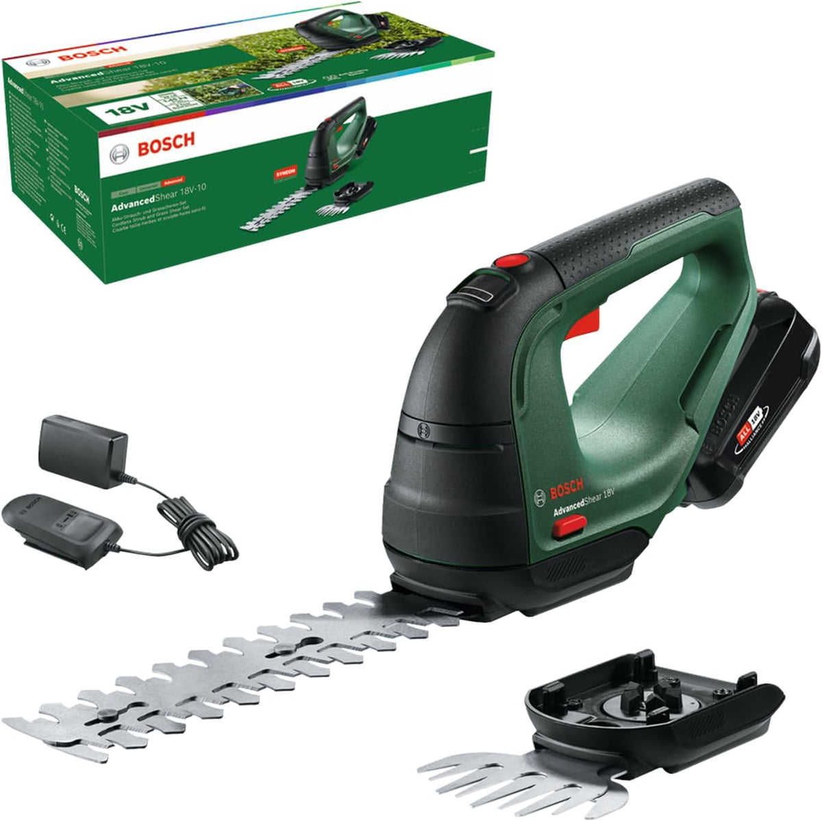 Bosch Cisailles à gazon, 18 V – 2.0 Ah | 85 m, Noir/Vert/Rouge – Cisaille à Gazon sans Fil - AdvancedShear -10 (1 Batterie