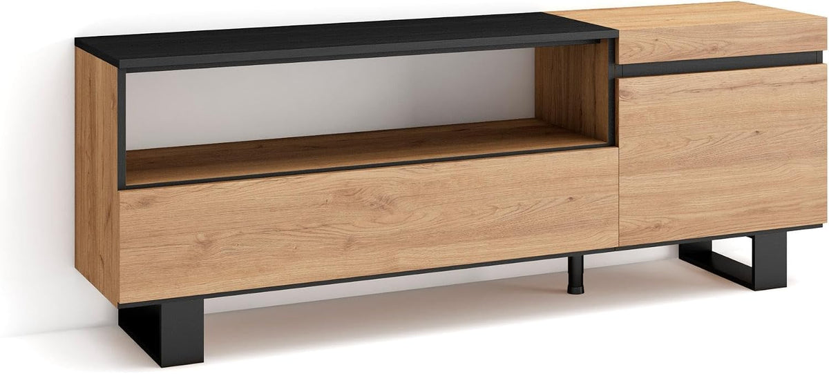 meuble TV Skraut Home, 12 cm de hauteur – 8 cm | 150x57x35 cm, Chêne/Noir – Banc Télé | Grand Espace de Rangement