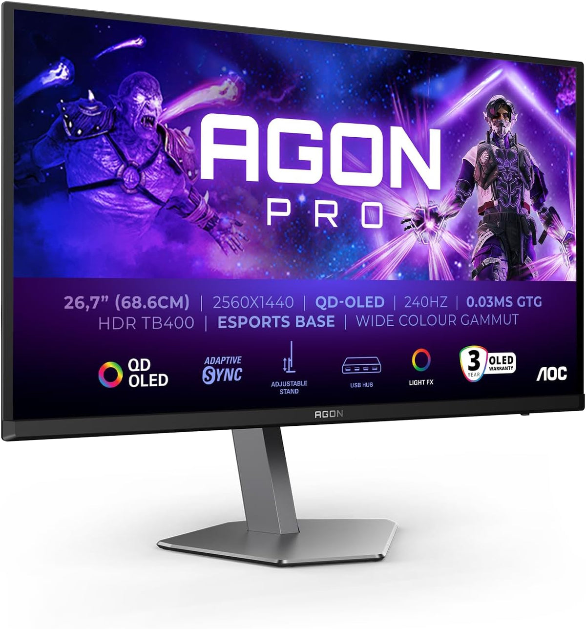 AOC Écrans PC, 2560x1440 – 2X 2.0 | 2X 1.4, Noir/Gris – Moniteur AG276QZD2AM 26.5' 240Hz QD-OLED Dalle | 0.03ms GtG