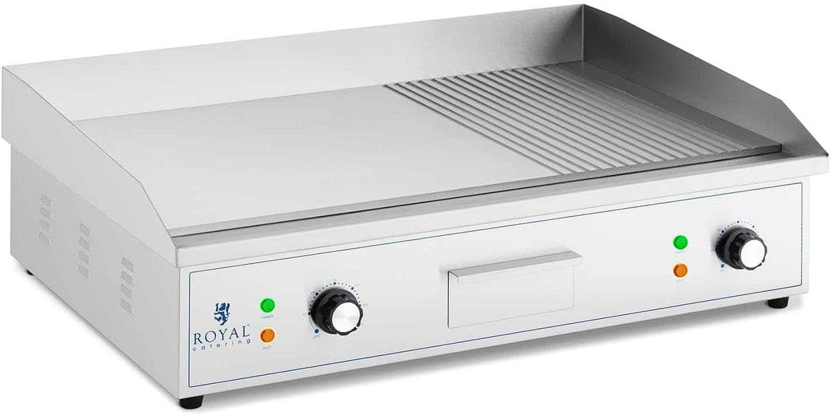 table de cuisson Royal Catering, plaque de cuisson – 400 W | 727 x 420 mm, Argent – Plaque Rainurée + Lisse En Fer)